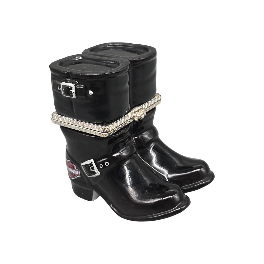 Harley Davidson Trinket Box Ceramic Motorcycle Boots Hinged MCF Collectible